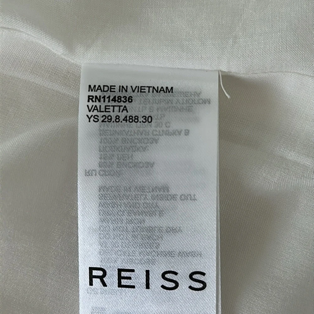 Reiss White Linen Midi Dress Contrast Navy Trim Deep V | US 2 - Picture 7 of 7